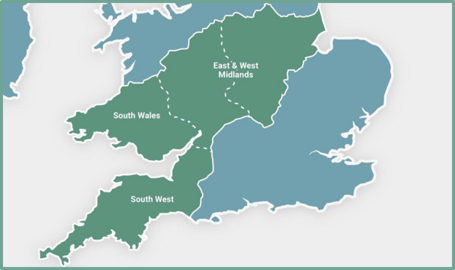 Map of the UK with WPD's 4 licence areas listed - East and West Midlands, South Wales and South West